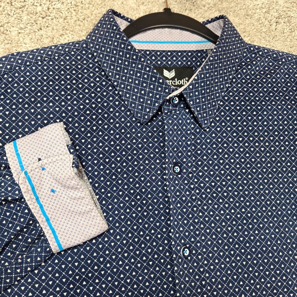 Buttercloth shirt Men XL Blue Printed triangle Diamond blue L/S flip cuff cotton